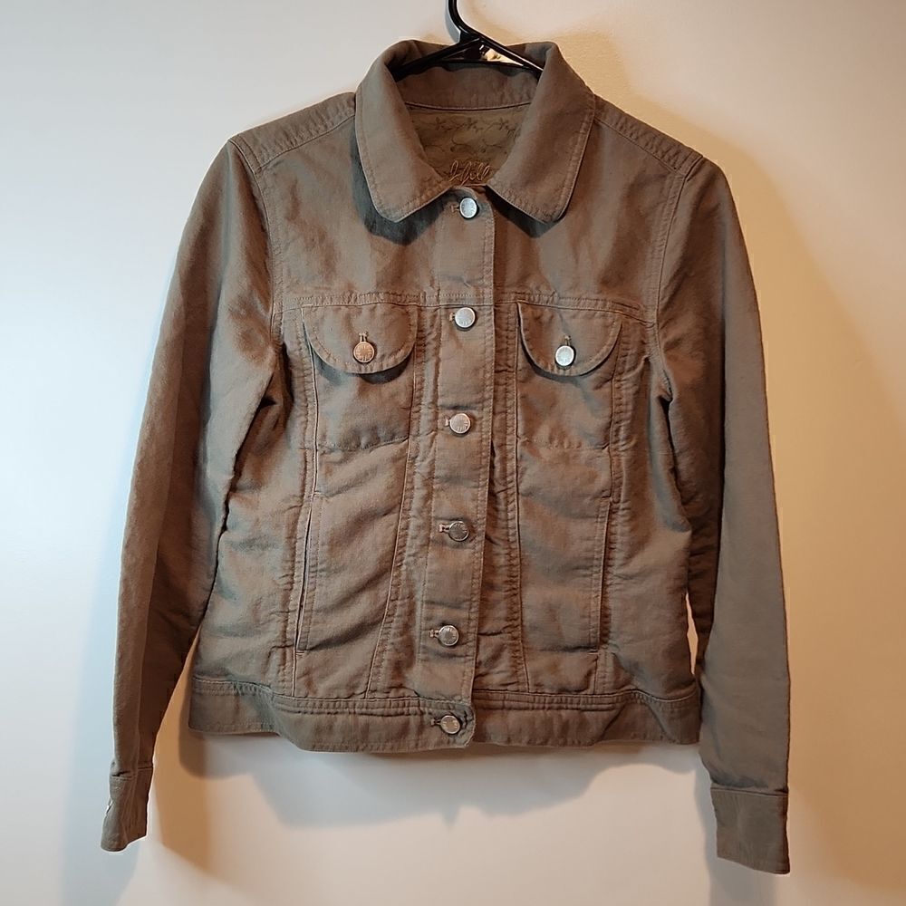J Jill Button Front Short Jacket Olive Green Pockets Unlined 100% Cotton Size XS